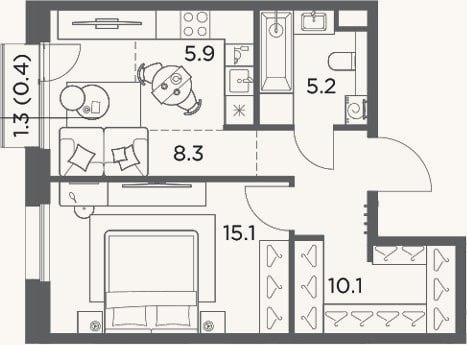 Планировка: 2-к, 44,6 м²