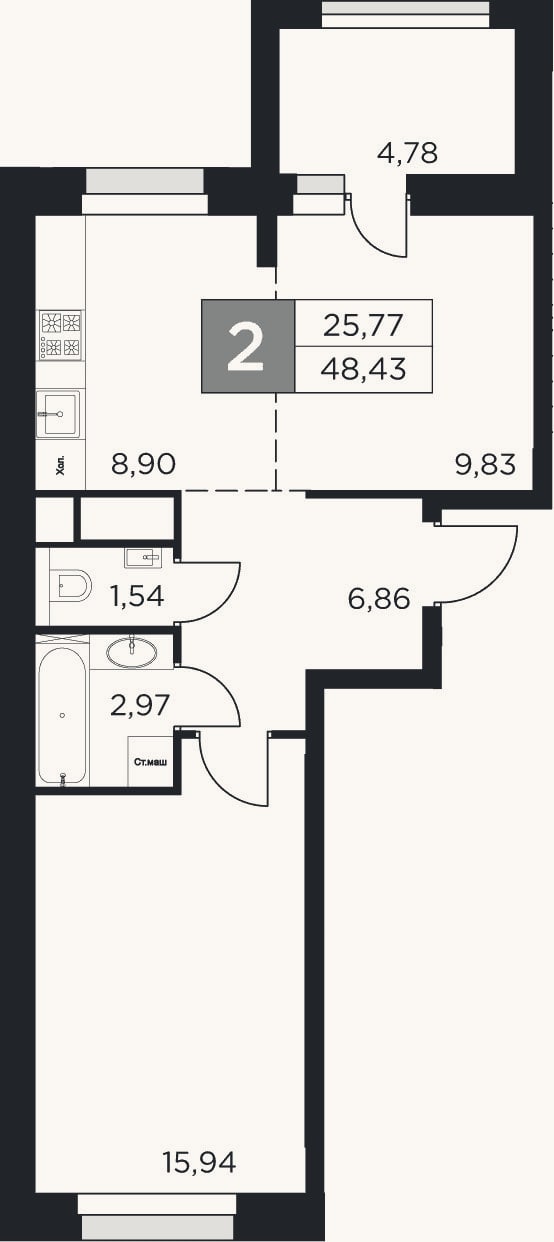 Планировка: 2-к, 46 м²