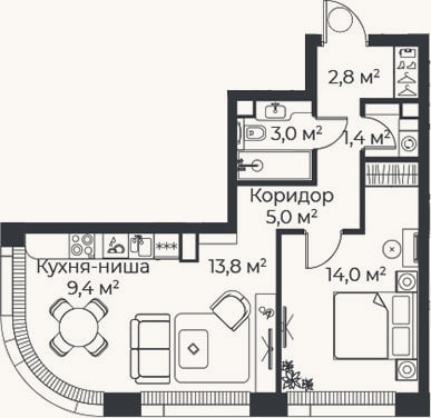 Планировка: 2-к, 49,5 м²