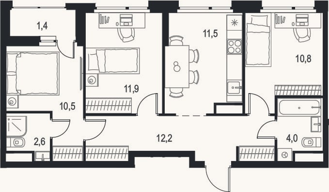 Планировка: 3-к, 63,5 м²