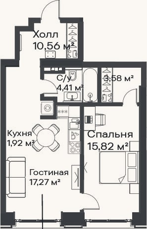 Планировка: 2-к, 53,6 м²