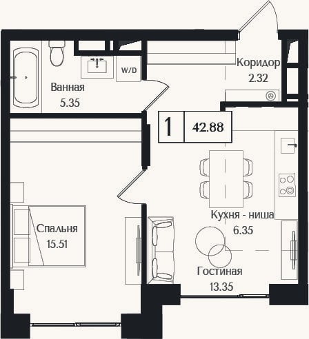 Планировка: 2-к, 42,9 м²