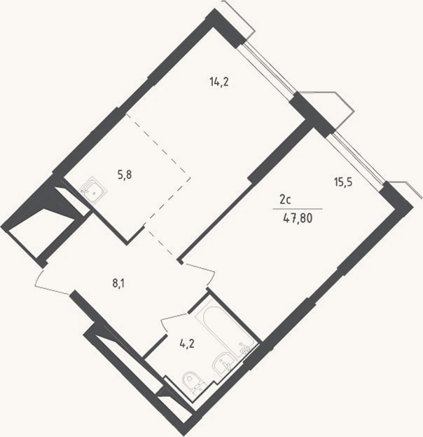 Планировка: 2-к, 47,8 м²