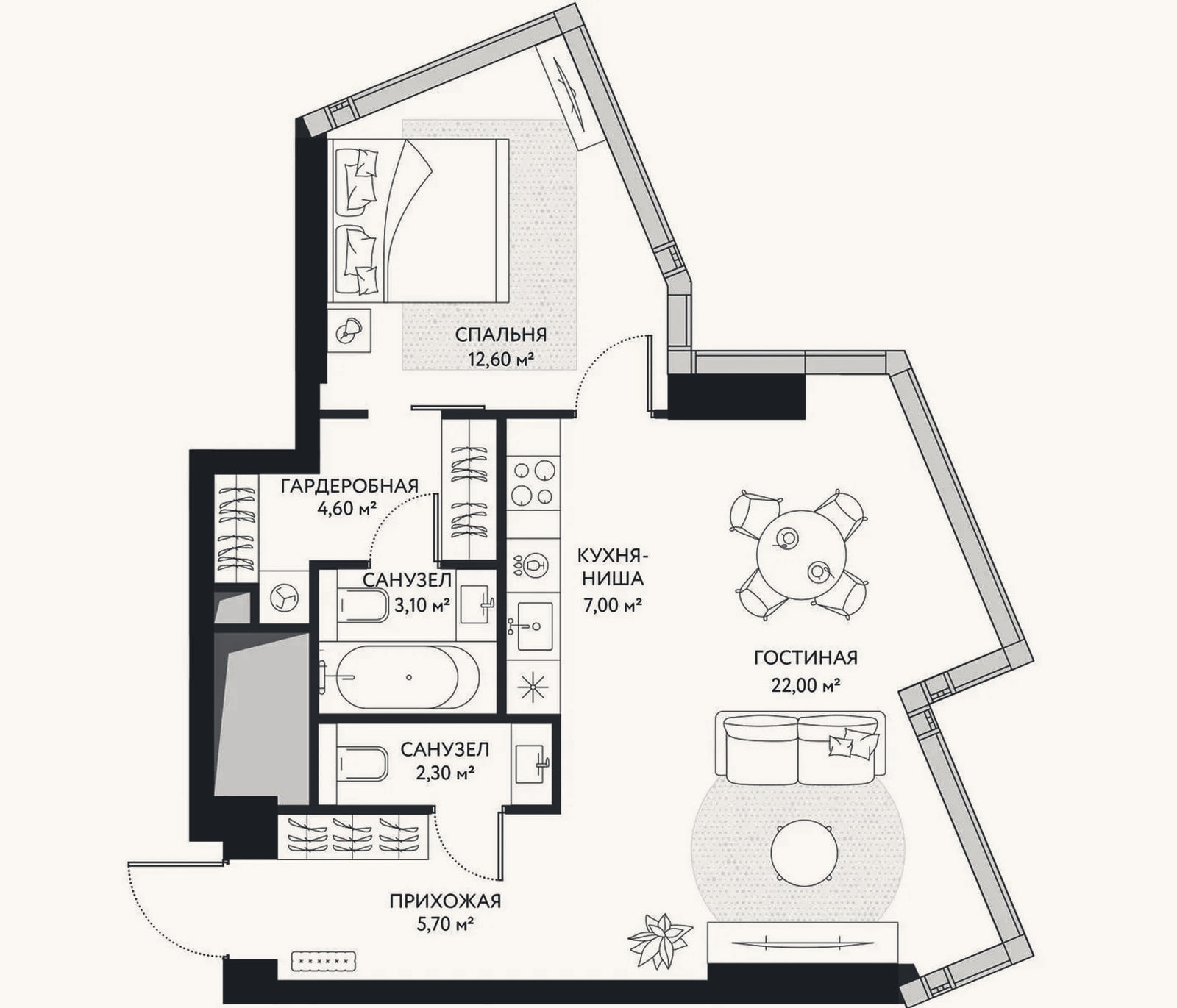Планировка: 2-к, 58,4 м²