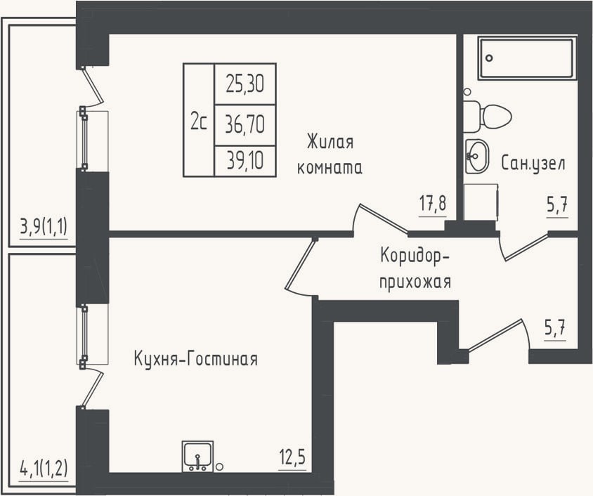 Планировка: 1-к, 36,7 м²