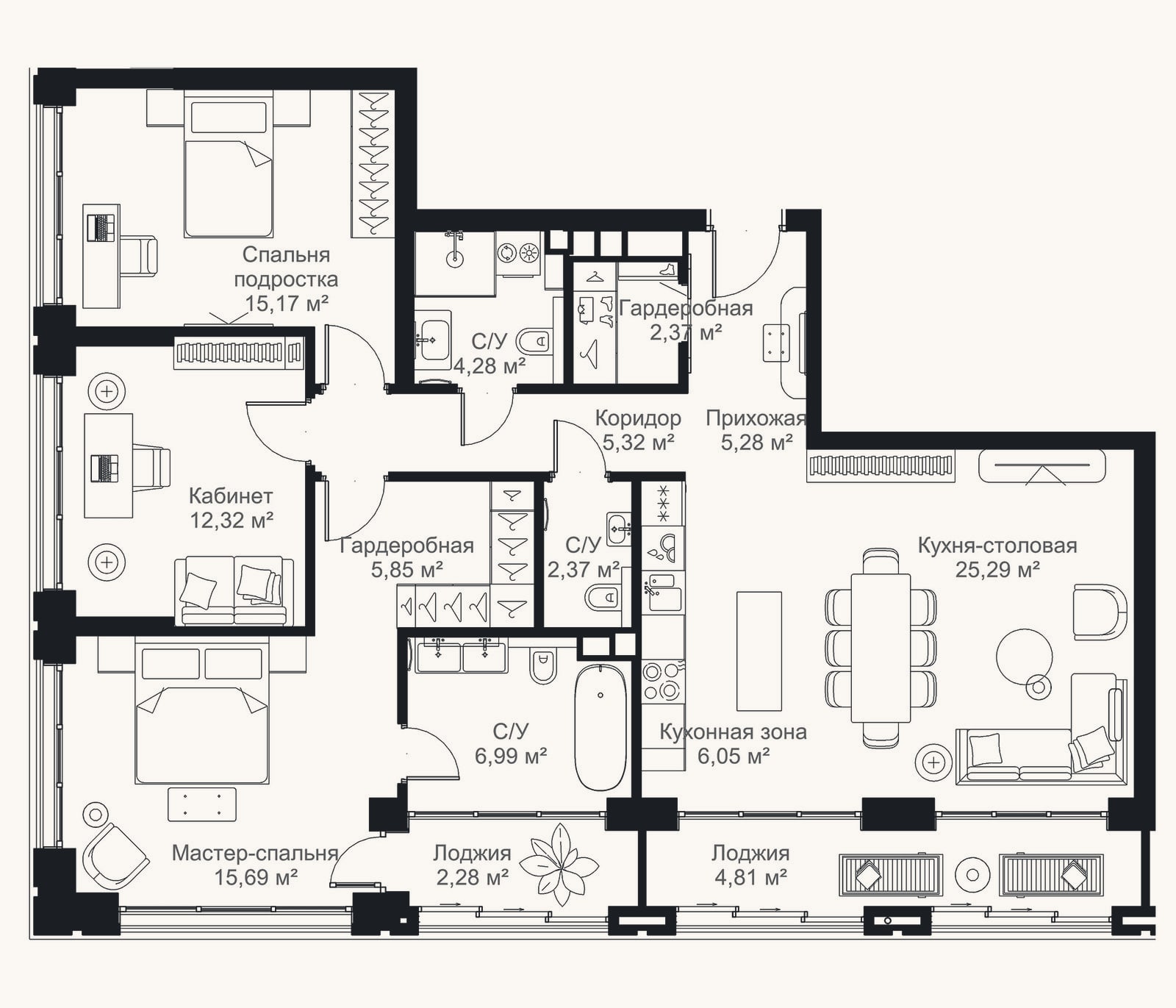 Планировка: 3-к, 107 м²