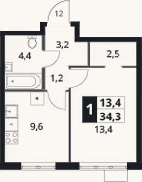 Планировка: 1-к, 34,3 м²