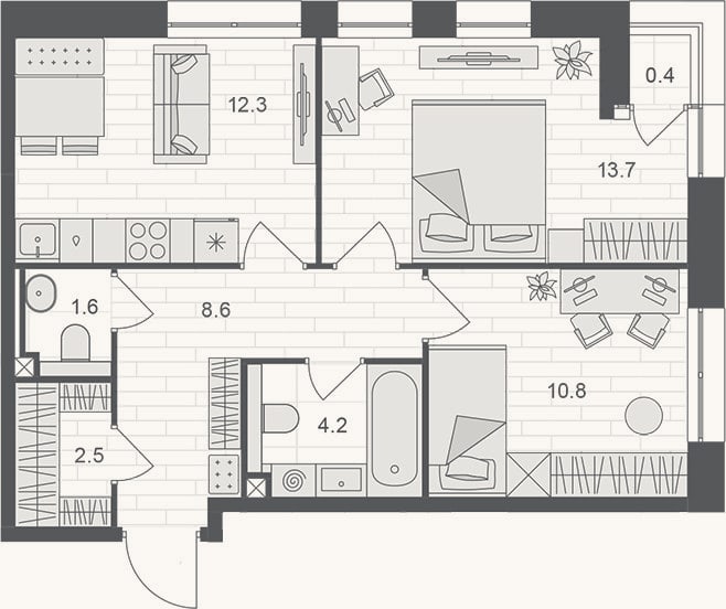 Планировка: 2-к, 53,7 м²