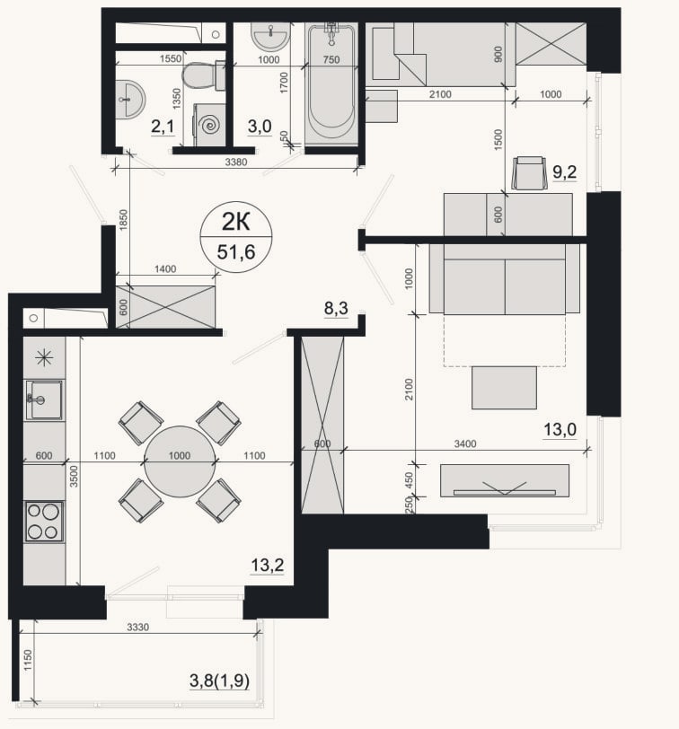 Планировка: 2-к, 49,7 м²