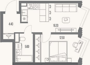 Планировка: 1-к, 38,1 м²