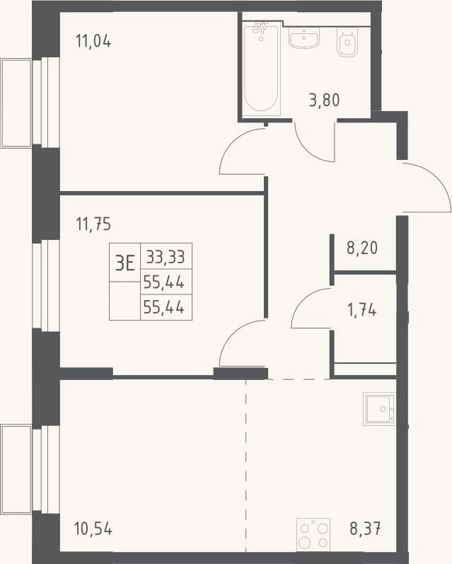 Планировка: 3-к, 55,4 м²