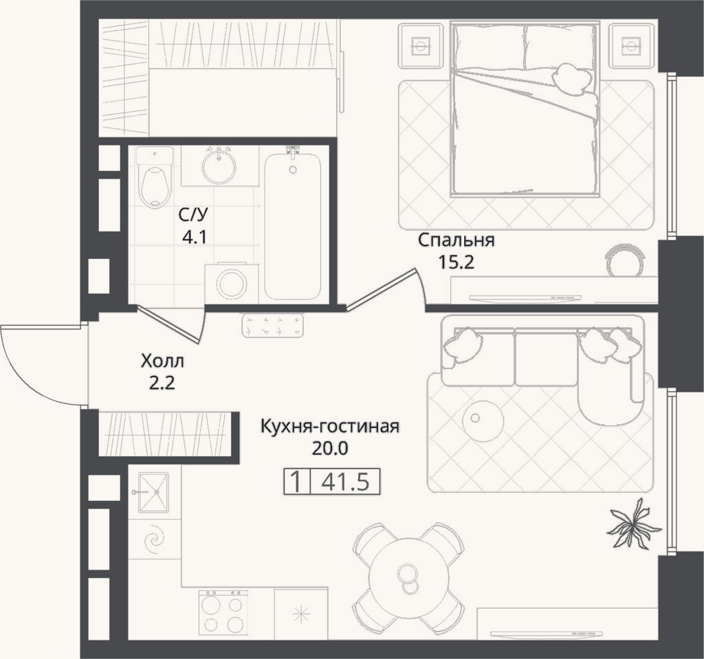 Планировка: 1-к, 41,5 м²