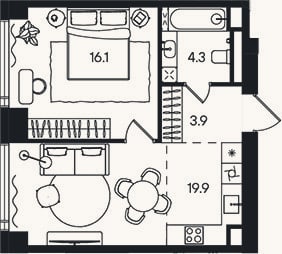 Планировка: 2-к, 44,2 м²