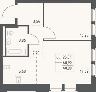 Планировка: 2-к, 40,9 м²