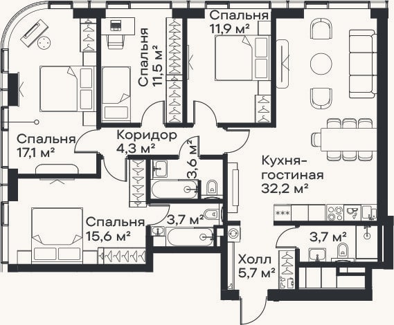 Планировка: 4+ к, 109,3 м²