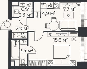 Планировка: 2-к, 36,8 м²
