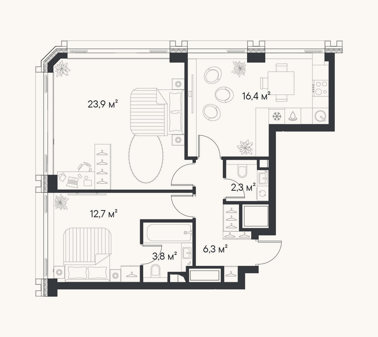 Планировка: 2-к, 65,4 м²