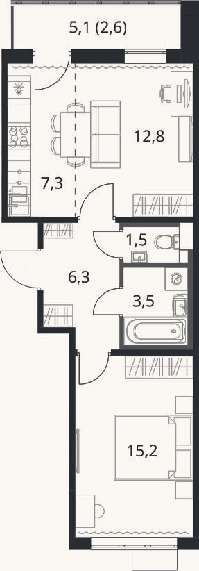Планировка: 2-к, 46,6 м²