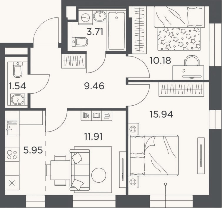 Планировка: 3-к, 58,7 м²