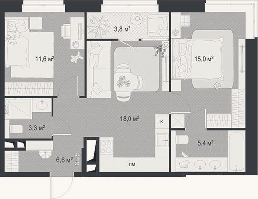Планировка: 3-к, 59,9 м²