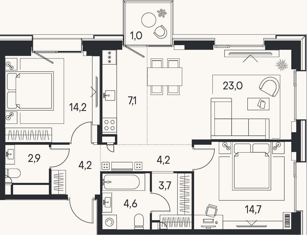 Планировка: 3-к, 78,6 м²