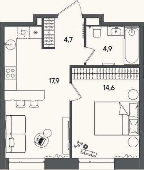 Планировка: 2-к, 42,1 м²