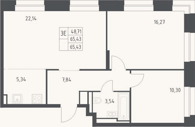 Планировка: 3-к, 65,4 м²