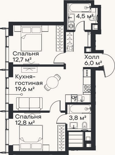 Планировка: 3-к, 59,4 м²