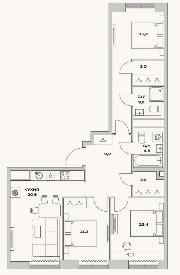 Планировка: 3-к, 84,3 м²