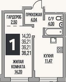 Планировка: 1-к, 36,2 м²