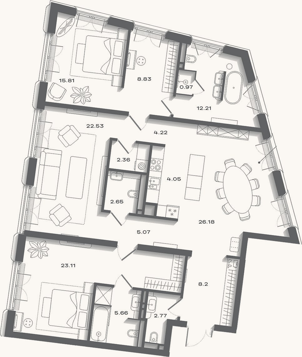 Планировка: 4+ к, 153,5 м²