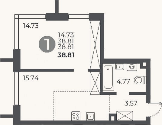 Планировка: 1-к, 38,8 м²