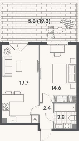 Планировка: 2-к, 40,5 м²