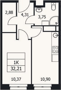 Планировка: 1-к, 32,2 м²