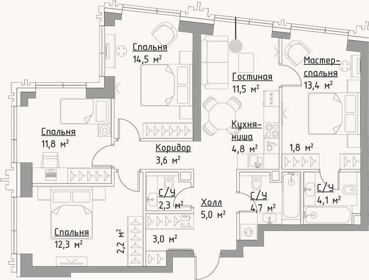 Планировка: 4+ к, 95 м²