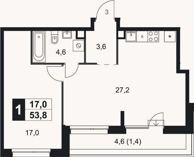 Планировка: 1-к, 52,4 м²