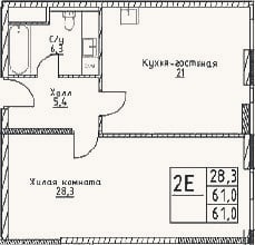 Планировка: 2-к, 61 м²