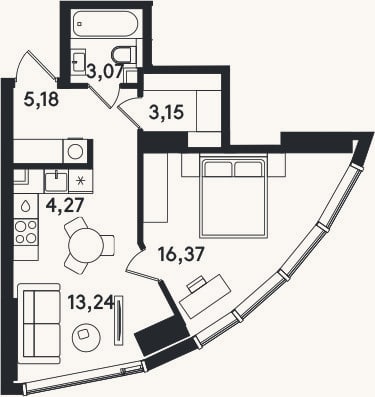 Планировка: 2-к, 45,3 м²