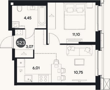 Планировка: 2-к, 35,4 м²