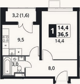 Планировка: 1-к, 34,9 м²