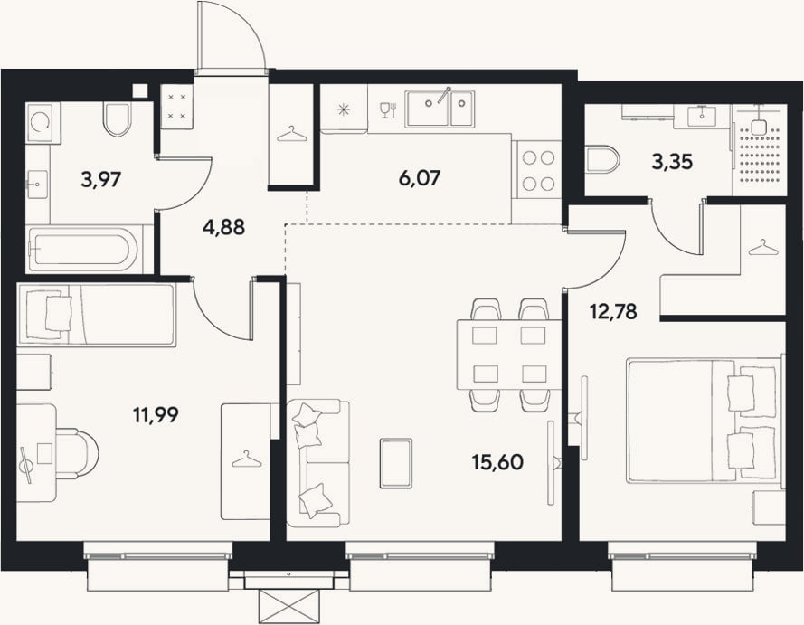Планировка: 3-к, 58,6 м²