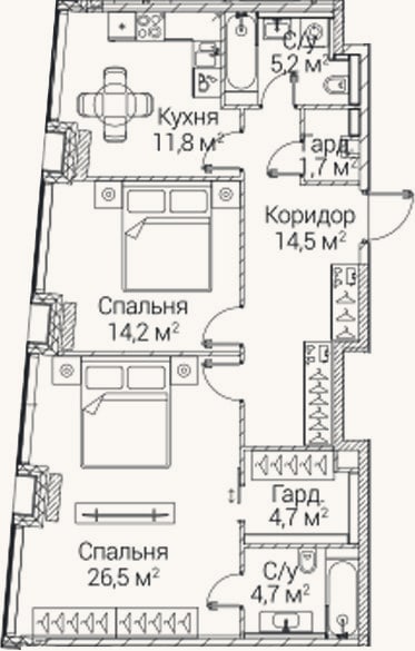 Планировка: 2-к, 83,3 м²