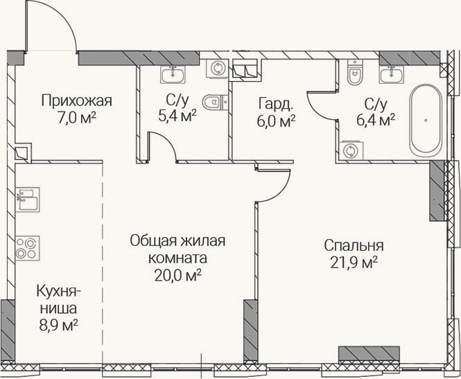 Планировка: 2-к, 75,6 м²