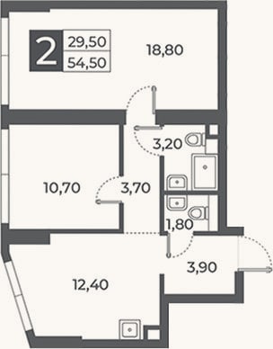 Планировка: 2-к, 54,5 м²