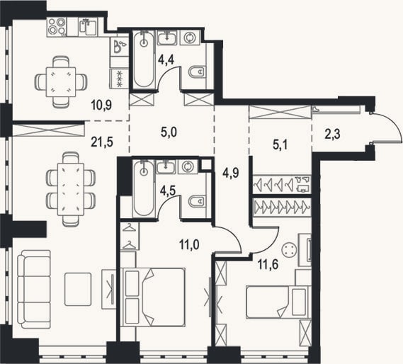 Планировка: 3-к, 81,2 м²