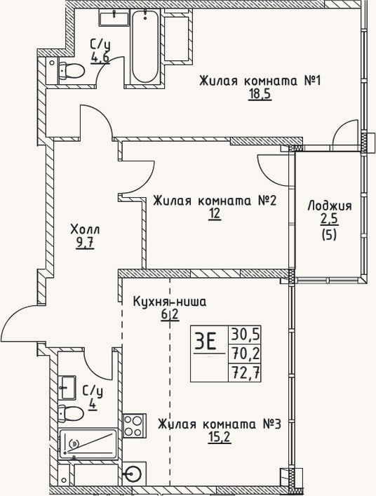 Планировка: 3-к, 70,2 м²