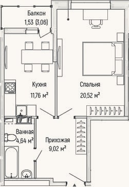 Планировка: 1-к, 43,2 м²