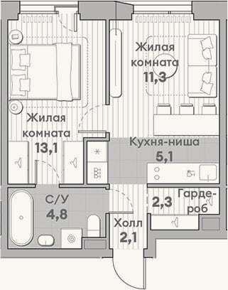 Планировка: 2-к, 38,7 м²