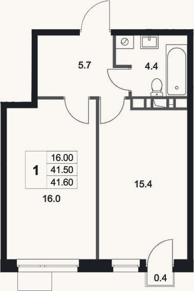 Планировка: 1-к, 41,5 м²