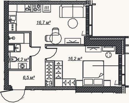 Планировка: 2-к, 43,6 м²